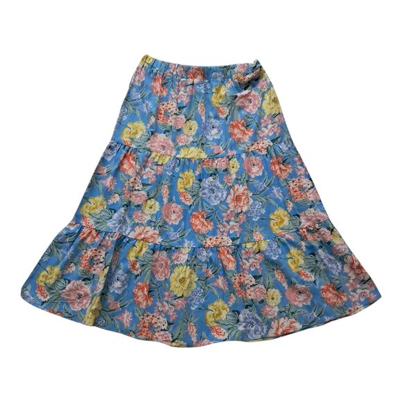 Loft Skirt Women's Large Blue Midi Floral Tiered Pull On Linen Blend Cottagecore - Picture 1 of 8